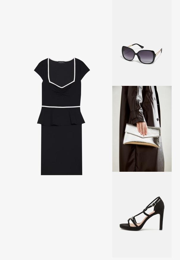 Robe noire avec un décolleté carré, des manches courtes et un devant froncé. Elle possède une taille peplum et des accents en blanc contrastant.; Sandale à talons hauts en suede noir avec des brides croisées, un accent décoratif en métal argenté et une semelle à plateforme pour plus de hauteur.; Lunettes de soleil noires surdimensionnées avec des verres dégradés, monture épaisse et détails en chaîne dorée sur les branches.; Pochette métallique argentée avec un design d'enveloppe angulaire, texture lisse et couleur intérieure contrastante, tenue dans une main portant un manteau noir.