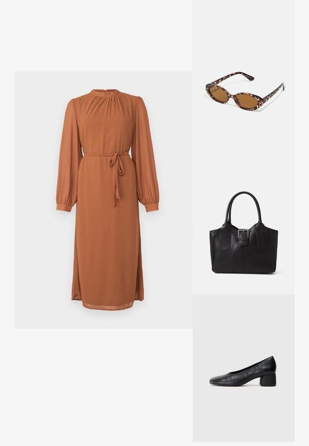 Long-sleeved rust-colored dress with a high neck, gathered detailing, and tie belt at the waist; smooth fabric with side slits.; Black leather pump with a rounded toe and mid-block heel. Smooth texture with minimal detailing, featuring a subtle elastic opening.; Tortoiseshell sunglasses with oval lenses, brown-tinted, thin arms featuring a textured pattern, lightweight plastic frame.; Black leather tote bag with smooth texture, structured shape, two handles, and a prominent silver buckle detail on the front.
