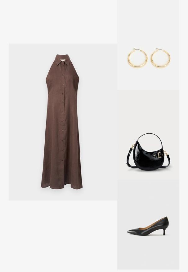 Pruun linane lõhikuta kleit, millel on krae, nupu eest ja voolav siluett, mis ulatub pahkluudeni. Sile tekstuur.; Must musta musta, millel on terav nina, madal konts ja sile tekstuur. Omab pisut avatud osa ees ja minimaalset riistvara taga.; Must musta nahk käekott kumerate joontega, reguleeritava rihmaga ja kuldse tooniga detailidega küljel. Sile, särav tekstuur.; Kuldtooni rõngashelmestega kõrvarõngad, millel on sile ja ümar disain, õhukese traadist lukuga ning poleeritud viimistlus, mis tagab läikiva välimuse.