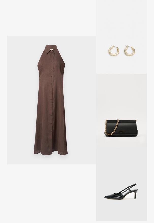 Brun lin sleeveless kjole med krage, knapp foran og en flytende silhuett som strekker seg ned til anklene. Glatt tekstur.; Sorte patent slingback hæl med spids tå, featuring tekstureret slangeskind, justerbar rem og en kort, tekstureret blokhæl.; Svart skinnkuvertveske med en gullkjede-rem, med en glatt tekstur, rektangulær form og preget merkevare på forsiden.; Lauren Ralph Lauren BASIC SMALL HOOP - Øredobber - gold-coloured