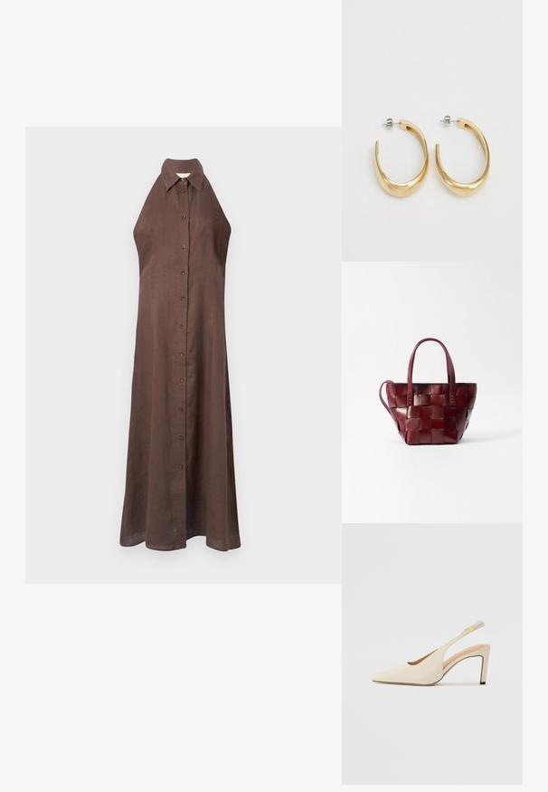 Hnědé lněné šaty bez rukávů s límcem, knoflíkovým zapínáním a splývavým střihem sahajícím až ke kotníkům. Hladká textura.; Béžové kožené sandály na podpatku s špičatou špičkou, otevřeným bočním designem a štíhlým vysokým podpatkem. Obsahují zlatý akcent na pásku.; Tkaná bordó kožená taška přes rameno s dvěma krátkými uchy a odnímatelným ramenním popruhem. Má strukturovaný tvar a hladkou texturu.; Zlaté kroužkové náušnice s hladkým, zakřiveným designem. Vyrobené z kovu, mají elegantní povrchovou úpravu a uzávěr s hrotem.