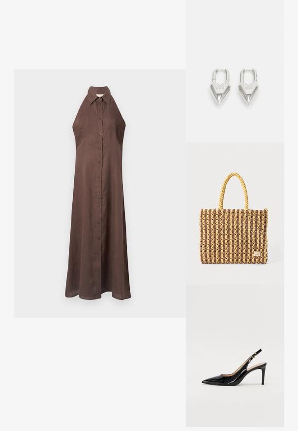 Brązowa lniana sukienka bez rękawów z kołnierzykiem, guzikami z przodu i zwiewnym krojem, sięgającym do kostek. Gładka tekstura.; Czarne lakierowane szpilki typu slingback z szpiczastym noskiem, smukłym obcasem i subtelnym wycięciem. Posiadają złotą klamrę na pasku.; Torbę plecioną w kolorze brązowym i żółtym, o prostokątnym kształcie, z dwiema uchwytami oraz teksturowanym wykończeniem z widocznym szwem i metką marki.; Srebrne kłódki w kształcie serca z wygrawerowanymi napisami "TAK" i "NIE", polerowane wykończenie, symetryczny design oraz mocny metalowy zamek.