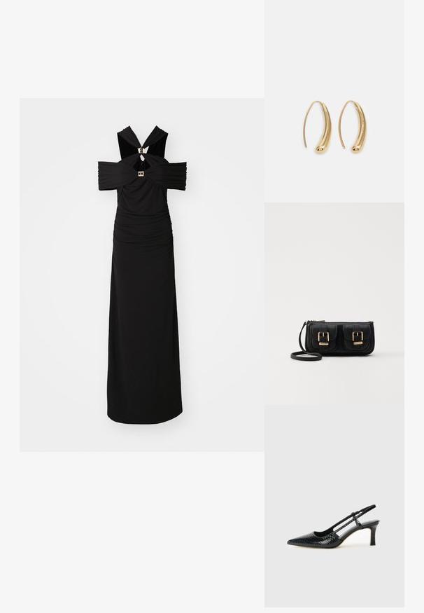 Hervé Léger THE ELLE GOWN - Alkalmi viselet - black; Fekete lakk slingback sarok, hegyes orral, texturált kígyómintával, állítható pánttal és rövid, texturált tömbsarkal.; Fekete bőr keresztbody táska két elülső zsebbel, arany csattokkal, cipzáras záródással és vékony pánttal. Textúrált felület és kompakt téglalap alak.; Aranyszínű fémből készült karika fülbevalók ívelt, hosszúkás formával. Simaságával és fényes felületével, valamint lekerekített végével további részletekkel bővül.