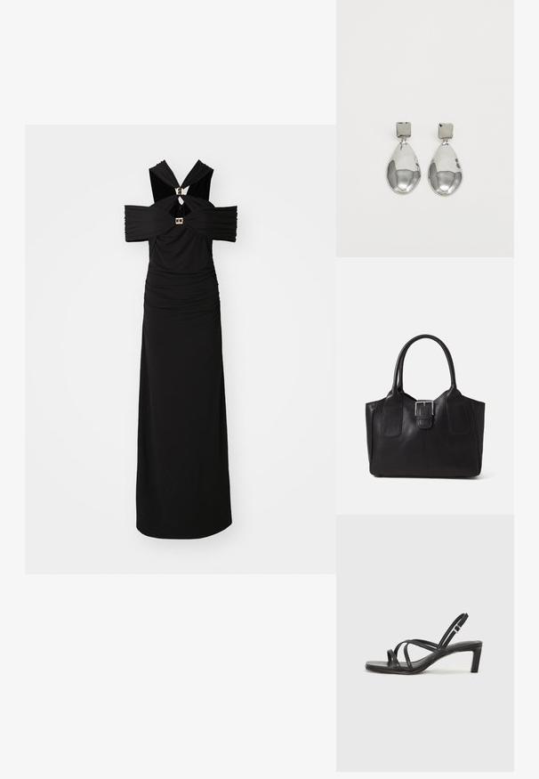 Hervé Léger THE ELLE GOWN - Occasion wear - black; Black strappy sandal with a square toe and a low block heel. Features multiple thin straps and an adjustable ankle strap. Made of smooth leather.; Black leather tote bag with smooth texture, structured shape, two handles, and a prominent silver buckle detail on the front.; Silver drop earrings with a square stud, featuring a smooth, polished finish and a teardrop shape, reflecting light with a glossy surface.