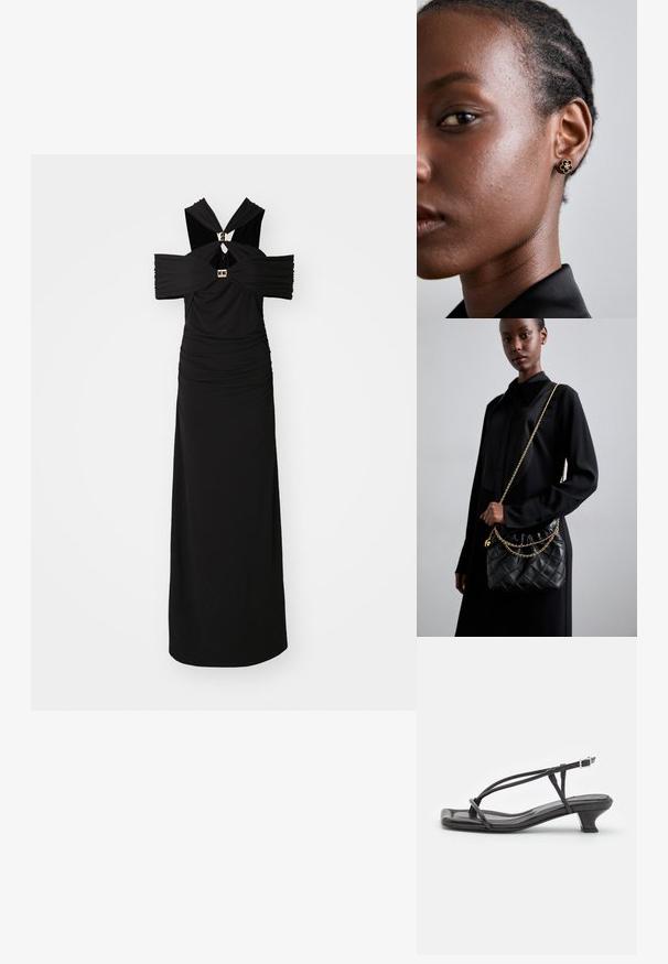 Hervé Léger THE ELLE GOWN - Galajurk - black; Zwarte leren sandaal met dunne banden, lage blokhak en vierkante neus. Heeft een gespsluiting en een zachte textuur.; Zwarte gewatteerde leren handtas met een gathered bovenkant, gouden kettinghengsel en een rechthoekige vorm, vastgehouden tegen een effen achtergrond.; Gouden bloemenstud oorbel met een gestructureerd zwart midden en verfijnde details. De heldere huid en het gevlochten haar van het model zijn zichtbaar in profiel.