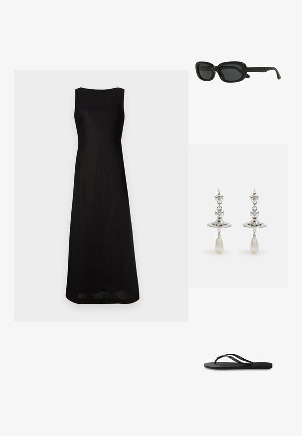 Juoda be rankovių suknelė su tiesiu kirpimu, pagaminta iš lengvos medžiagos, su paprastu apvaliu iškirpimu ir minimalizmo dizainu.; Juodos šlepetės su tekstūruotu guminio pado, dviem siauromis dirželių ir subtiliu, įspaustu logotipo detalė ant dirželio.; Juodi stačiakampiai saulės akiniai su storu rėmu, tamsiai tonuotais objektyvais ir stilinga išvaizda. Šventyklos turi lygų paviršių.; Sidabrinės auskarai su apvaliu žiedu, papuošti spindinčiomis akmenimis ir ašarėlės formos perlo pakabučiu. Išskirtinis dizainas su rafinuotais akcentais.