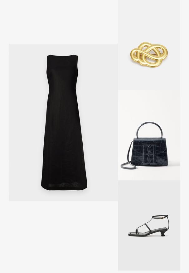 Mustaton hihaton mekko suoran leikkauksen kanssa, valmistettu kevyestä kankaasta, jonka yksinkertainen pyöreä pääntie ja minimalistinen muotoilu.; Musta nahkasaapas, jossa on neliön muotoinen kärki, ohuet hihnat, säädettävä nilkkahihna ja matala korko. Hihnassa on pieni kultainen yksityiskohta.; Musta krokotiilivoimalla painettu nahkakäsilaukku, jossa on jämäkkä muotoilu, yläkahva, säädettävä hihna ja erottuva etuosan logoyksityiskohta.; Kultasävyinen rinnaneula, jossa on solmittu muotoilu, sileät, kaarevat viivat ja monimutkainen muoto, heijastaen kiiltävää pintaa.