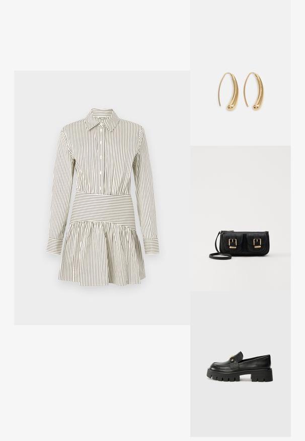 Kreklu stila kleita ar pieguļošu vidukli, izplešanos svārkiem, garām piedurknēm un šaurām brūnām svītrām uz krēmkrāsas fona. Iekļauj klasisku apkakli.; Melni ādas mokasīni ar masīvu zoli, ar zeltaini akcentu priekšā un gludu apdari. Masīva protektora dizains uz zoles.; Melnas ādas crossbody soma ar divām priekšējām kabatām, zelta sprādzēm, ar rāvējslēdzēju aizdari un šauru siksnu. Strukturēta virsma un kompakta taisnstūra forma.; Zelta toņu metāla gredzena auskari ar izliektu, pagarinātu formu. Ar gludu, spīdīgu virsma un noapaļotu galu papildu detaļām.