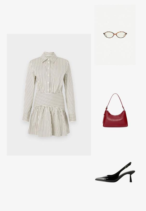 Sukienka zapinana na guziki z dopasowaną talią, rozkloszowanym dołem, długimi rękawami oraz wąskimi brązowymi paskami na kremowym tle. Posiada klasyczny kołnierzyk.; Czarne lakierowane pantofle na obcasie typu slingback z ostrym noskiem, wyciętymi bokami, regulowanym paskiem na kostce i cienkim, smukłym obcasem.; Okulary w kolorze tortoiseshell z owalnymi soczewkami i gładkim, eleganckim wykończeniem. Posiadają cienkie boki z delikatnym łukiem w okolicy skroni. Przezroczyste soczewki.; Czerwona skórzana torebka na ramię o zakrzywionym kształcie, gładkiej fakturze i zamek błyskawiczny. Posiada cienką rączkę do noszenia.