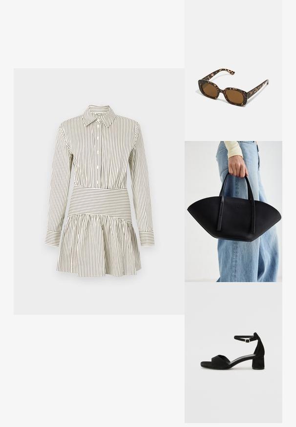 Vestido abotoado com cintura justa, saia rodada, mangas longas e finas riscas castanhas sobre um fundo creme. Possui um colarinho clássico.; Sandálias de salto alto em camurça preta com uma fina tira no tornozelo, design de ponta aberta e um salto bloco discreto. Textura suave e acentos mínimos.; Óculos de sol tartaruga com uma armação redonda e robusta e lentes castanhas. Apresenta padrões subtis e hastes direitas e afinadas.; Bolsa de mão em couro preto com uma forma única em leque, apresentando alças planas. A superfície tem uma textura pebble e um design minimalista.