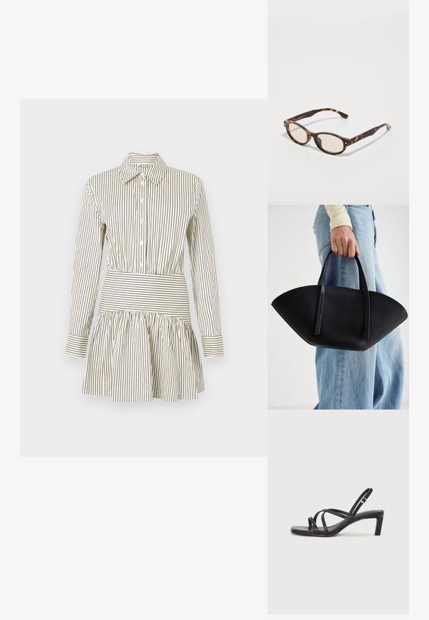 Obleka na gumbe s prilegajočim pasom, širšim krilom, dolgimi rokavi in ozkimi rjavimi črtami na kremnem ozadju. Ima klasičen ovratnik.; Črne natikače s trakovi in kvadratnim prstom ter nizkim blokastim peto. Imajo več tankih trakov in nastavljiv trak okoli gležnja. Narejene so iz gladkega usnja.; Očala iz morskega želvovca z zaobljeno obliko in svetlimi lečami. Imajo trde ročke z majhnimi zlatimi detajli, narejena so iz plastičnega materiala.; Črna usnjena torbica z edinstveno obliko ventilatorja, z ravnimi ročaji. Površina ima teksturo z drobnimi kamni in minimalističen dizajn.