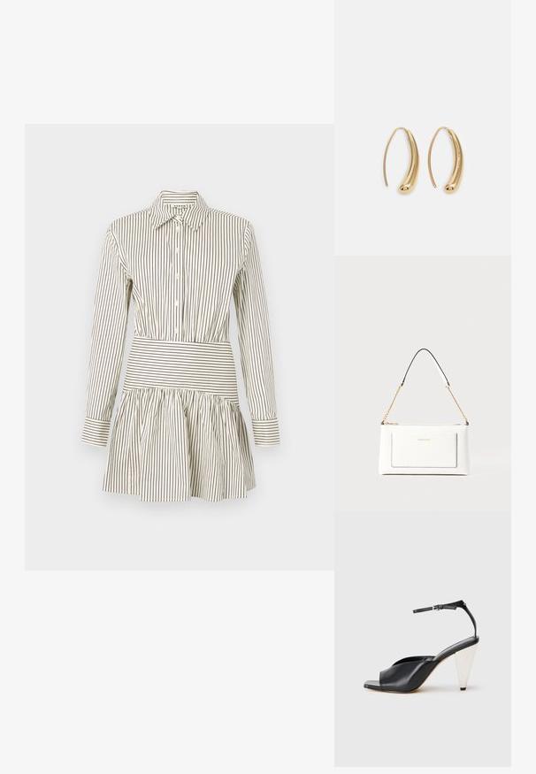 Vestido abotoado com cintura justa, saia rodada, mangas longas e finas riscas castanhas sobre um fundo creme. Possui um colarinho clássico.; Sandal de salto alto em couro preto com bico aberto, design assimétrico, tira no tornozelo e um salto metálico em forma de cone. Textura suave por toda a parte.; Bolsa de mão branca em couro com acabamento texturizado, featuring a corrente dourada e detalhes pretos. Inclui um bolso frontal e fecho com zipper.; Brincos em metal dourado com forma de arco alongado e curvado. Apresentam uma superfície lisa e brilhante, com uma ponta arredondada para um detalhe adicional.