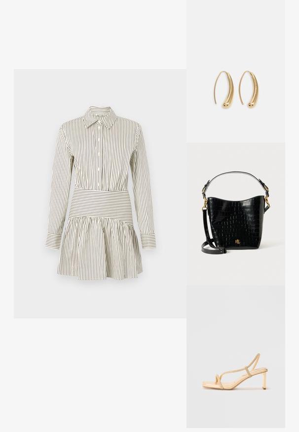 Šaty na gombíky s priliehavým pásom, rozšírenou sukňou, dlhými rukávmi a úzkymi hnedými pruhmi na krémovom pozadí. Obsahujú klasický golier.; Zlaté sandále na vysokom podpätku s popruhmi, zdobenými prackami, štvorcovým špicom a tenkým blokovým podpätkom pre stabilitu.; Čierna kabelka z kože s embosovaným hadím vzorom, zakriveného tvaru, so zlatými kovovými doplnkami, nastaviteľným popruhom a detailom loga na prednej strane.; Náušnice vo forme zlatých kovových kruhov s zakriveným, predĺženým tvarom. Majú hladký, lesklý povrch a zaoblený koniec pre pridanie detailu.