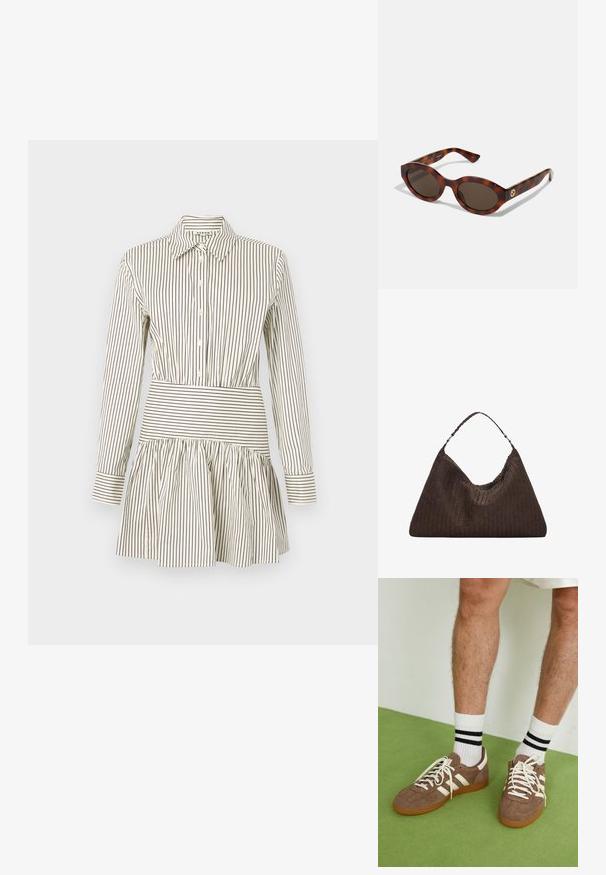 Sukienka zapinana na guziki z dopasowaną talią, rozkloszowanym dołem, długimi rękawami oraz wąskimi brązowymi paskami na kremowym tle. Posiada klasyczny kołnierzyk.; Brązowe zamszowe sneakersy z białymi akcentami i sznurówkami. Gumowa, brązowa podeszwa. Noszone z białymi skarpetkami w czarne paski. Zielona teksturowana podłoga.; Okulari w karmelowo-brązowym wzorze z okrągłymi oprawkami, ciemnymi soczewkami i złotymi detalami logo na zausznikach. Gładki plastikowy materiał, brak widocznych wzorów.; Brązowa torebka skórzana pleciona o luźnym, trójkątnym kształcie. Posiada pleciony uchwyt i zamek błyskawiczny na górze.