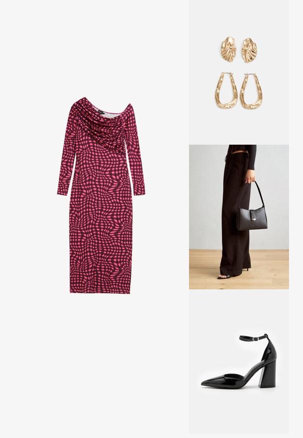 Långärmad, figurnära klänning i ett abstrakt rutmönster i rosa och svart. Har en draperad halslinje och en slät tygtextur.; Svart lackläder högklackad sko med spetsig tå, ankelsrem och bred klack för stabilitet, med en slät, glansig yta.; Svart handväska med strukturerad form, slät yta och metallspänne. Matchad med vida svarta byxor och sandaler med öppen tå på trägolv.; Örhängen i guldton med texturerade, vågiga former. Inkluderar skulpturala clip-on-stift och öppen hoop-design med hamrad finish.