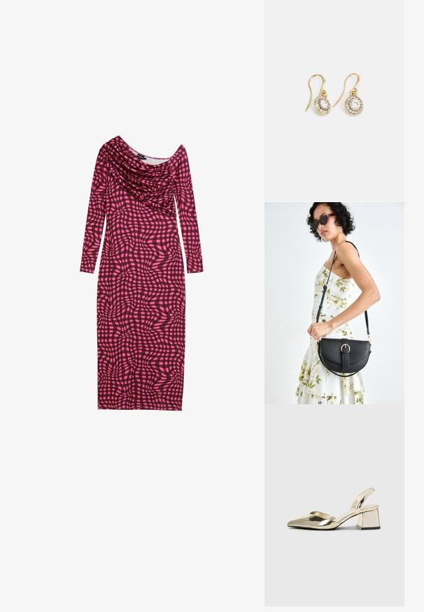 Langärmliges, figurbetontes Kleid in einem pinken und schwarzen abstrakten karomuster. Verfügt über einen drapierten Ausschnitt und eine glatte Stofftextur.; Goldene, metallische Slingback-Absätze mit spitzem Zeh und dicker Ferse. Glatte Textur, minimalistisches Design und ein schmaler Riemen.; Schwarze Lederhandtasche mit geschwungener Form, abnehmbarem Tragegurt und goldenen Beschlägen. Die Tasche verfügt über einen Deckel mit einer Schnallen-Details.; Goldfarbene Ohrringe mit ovalen klaren Kristallen, die von kleineren klaren Steinen umgeben sind, und einem Haken-Design für sicheren Halt.