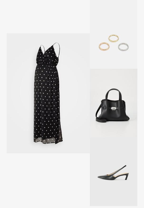 Černé maxi šaty s bílými puntíky, lehký materiál, hluboký výstřih do V, nastavitelné ramínka, nařasený pas, splývavý silueta.; Černý špičatý slingback s nízkým podpatkem, vyrobený z hladké kůže, s výřezem na boku pro lepší prodyšnost.; Černá kožená kabelka s texturovaným povrchem, vybavená dvěma horními uchy, odnímatelným ramenním popruhem a stříbrným detailem s uzávěrem.; Tři kovové prsteny: jeden růžově zlatý, jeden zlatý s texturovanými detaily a jeden stříbrný, všechny s vyrytým brandingem na vnitřním boku.