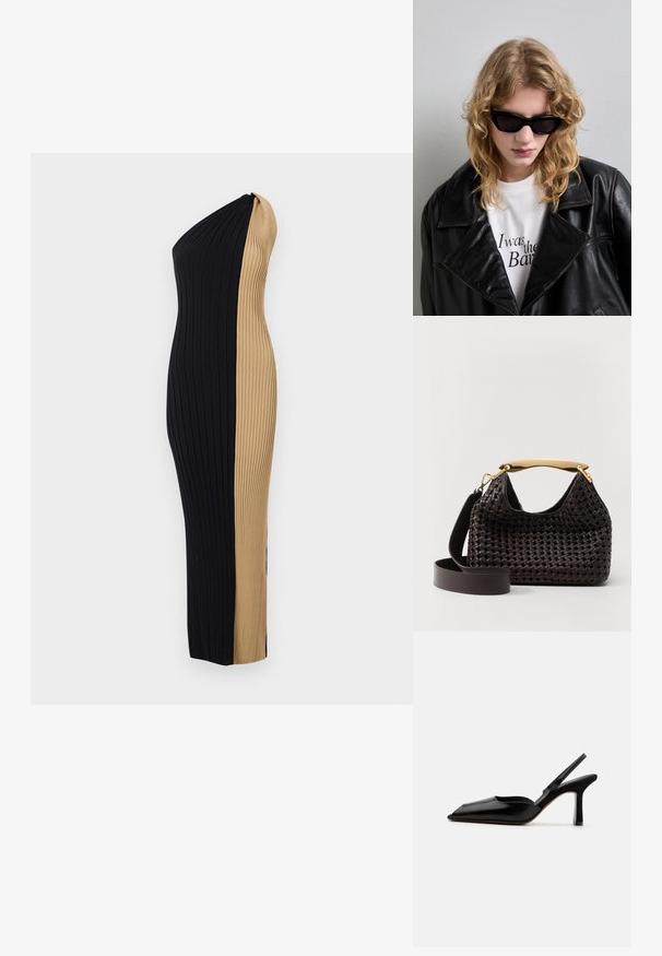 Rochie din tricot cu umeri expuși, cu o siluetă ajustată. Prezintă o schemă de culori contrastantă, alb-negru, și o textură verticală pe întreaga suprafață.; Sandale din piele neagră cu toc, cu vârf ascuțit, design minimalist, curea subțire la gleznă și toc subțire elegant. Textură netedă.; Ochelari de soare negri, cu un design elegant și unghiular. Modelul poartă o jachetă din piele neagră peste o cămașă albă cu text imprimat, pe un fundal neutru.; Elleme BOOMERANG WOVEN - Geantă de mână - brown