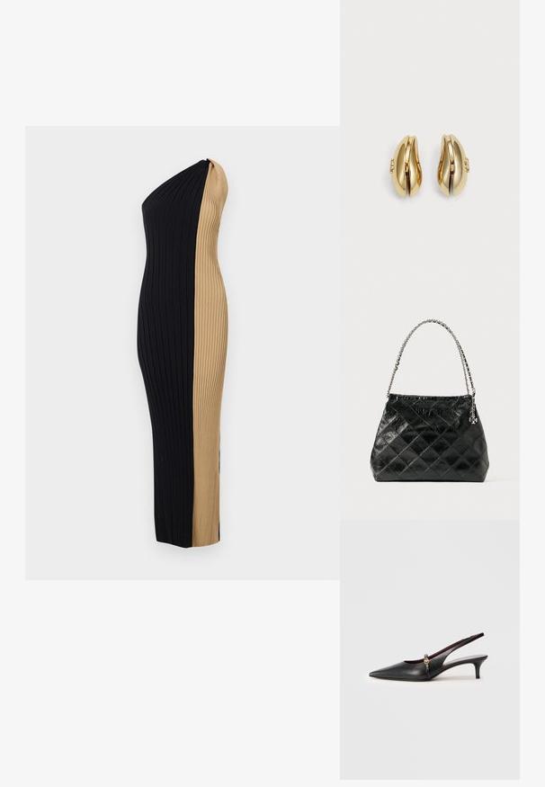 Šaty s odhalenými ramenami a priliehavým strihom. Vyznačujú sa kontrastnou čierno-sfarbenou farebnou kombináciou a vertikálnou textúrou po celom obvode.; Čierne kožené slingback podpätky s špicatou špičkou, tenkým podpätkom a zlatým detailom pri remienku okolo členku. Hladká textura a jednoduchý dizajn.; Čierna prešívaná kožená kabelka so strieborným retiazkovým uchom, ktorá má štruktúrovaný dizajn a hladkú textúru.; Náušnice zlatého odtieňa s plynulým, zakriveným dizajnom. Každá náušnica má hladký povrch a malú sponu s dekoratívnym prvkom.