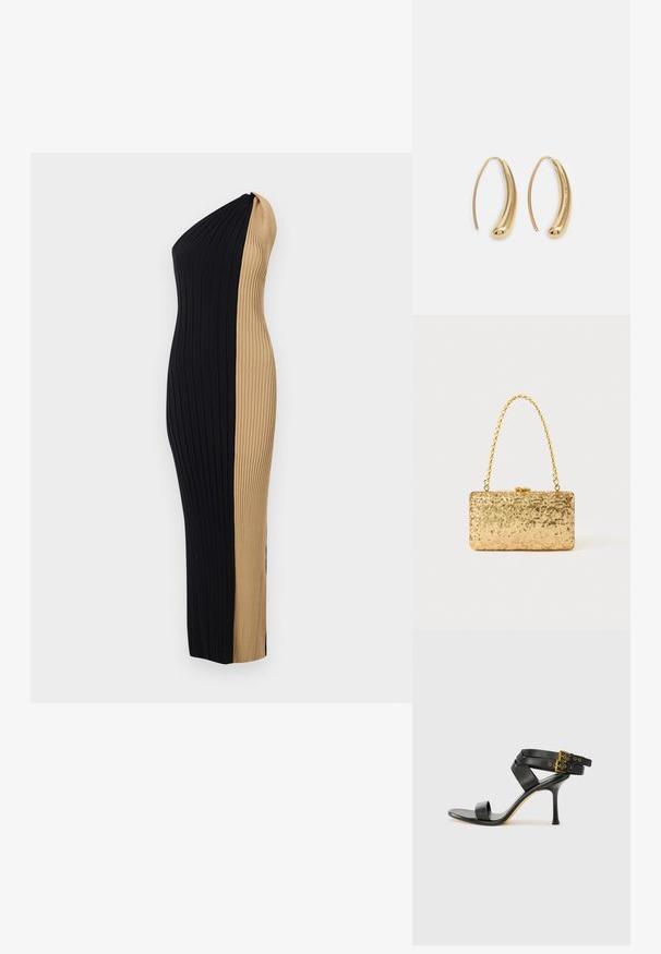 Kleita ar atklātu plecu, ribotais audums ar pieguļošu siluetu. Iezīmējas ar kontrastējošu melnu un brūnu krāsu shēmu un vertikālu tekstūru visā kleitā.; Melna augsta papēža sāndele ar krustotiem siksniņām un regulējamu sprādzi. Iespēlēts gluds tekstūra un pakāpenisks stiletto papēdis.; Zelta sekmju soma ar taisnstūra formu, kurai ir savīti ķēdes rokturi un metāla aizdare, kas atspoguļo gaismu ar teksturētu apdari.; Zelta toņu metāla gredzena auskari ar izliektu, pagarinātu formu. Ar gludu, spīdīgu virsma un noapaļotu galu papildu detaļām.