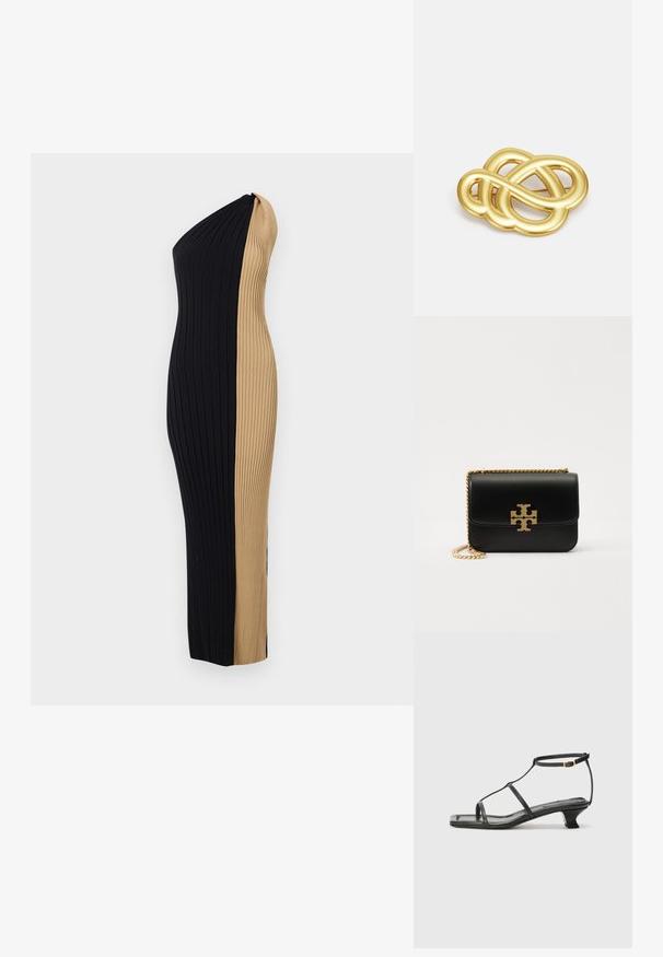 Off-shoulder kantrinės suknelė su prigludusia siluetu. Ypatybės - kontrastinga juoda ir smėlio spalvos paletė bei vertikali tekstūra visame paviršiuje.; Juodas odinis sandalai su kvadratiniu pirštu, plonomis dirželiais, reguliuojamu kulkšnies dirželiu ir žemu kulnu. Yra nedidelis aukso akcentas ant dirželio.; Juodas odinis rankinė su auksinės spalvos grandine ir logotipo akcentu. Turi stačiakampio formą su užlenkiama sklende. Lygus paviršius.; Aukso tono sagė, pasižyminti mazgo dizainu su glotniais, kreivais linijomis ir sudėtinga forma, atspindinčia poliruotą paviršių.