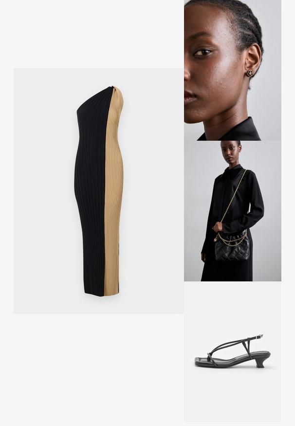 Olkapään yli ulottuva ribbepuku, jossa on vartalonmyötäinen siluetti. Ominaisuuksiin kuuluu kontrastinen musta ja tan värimaailma sekä pystysuora tekstuuri kauttaaltaan.; Musta nahkasandaali ohuilla remmeillä, matalalla lohkokannalla ja neliönmuotoisella varpaalla. Varustettu soljella ja sileällä pinnalla.; Mustakvadratisti nahkakäsine, jossa on kerätty yläosa, kultaketjuolkaimet ja suorakaiteen muotoinen rakenne, pidettyä yksinkertaista taustaa vasten.; Kultaiset kukkakorvakorut, joissa on teksturoitu musta keskus ja hienovaraiset yksityiskohdat. Mallin kirkas iho ja punotut hiukset näkyvät sivuprofiilissa.