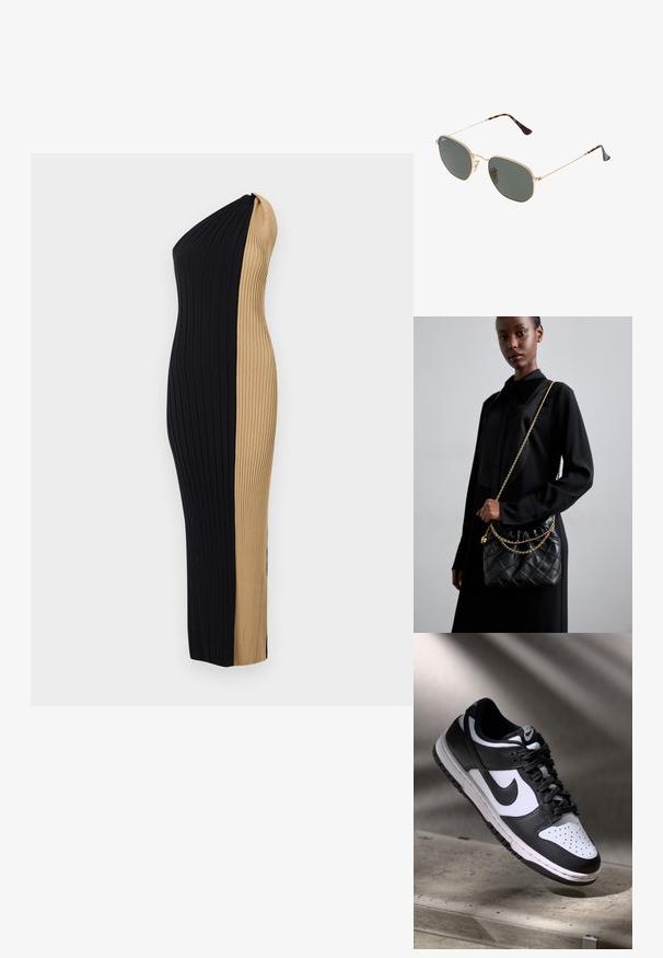Sukienka na ramiączkach z prążkowanego materiału o dopasowanym kroju. Charakteryzuje się kontrastową kolorystyką czarno-brązową oraz pionową teksturą na całej powierzchni.; Czarno-białe sneakersy Nike Dunk Low z cholewką skórzaną, perforowanym noskiem i czarnymi sznurowadłami, z białą podeszwą i akcentami logo.; Złote okulary przeciwsłoneczne w stylu aviatora z ciemnozielonymi soczewkami, z wąskimi ramionami i akcentami w panterkę na końcach.; Czarna pikowana skórzana torebka z marszczonym topem, złotym łańcuchem oraz prostokątnym kształtem, trzymana na jednolitym tle.