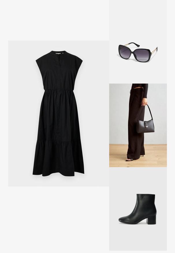 Zwarte katoenen jurk met kapmouwen, een V-halslijn en een geplooide taille, afgerond met een gelaagd zoom. Glad textuur, geen patronen.; Zwarte leren enkellaarzen met een spitse neus en een chunky hak. Gladde textuur met minimale accenten en een slank, strakk ontwerp.; Zwarte oversized zonnebril met gradient glazen, dikke montuur en gouden kettingdetails op de pootjes.; Zwarte handtas met gestructureerde vorm, gladde textuur en een metalen sluiting. Gecombineerd met brede zwarte broeken en sandalen met open teen op een houten vloer.