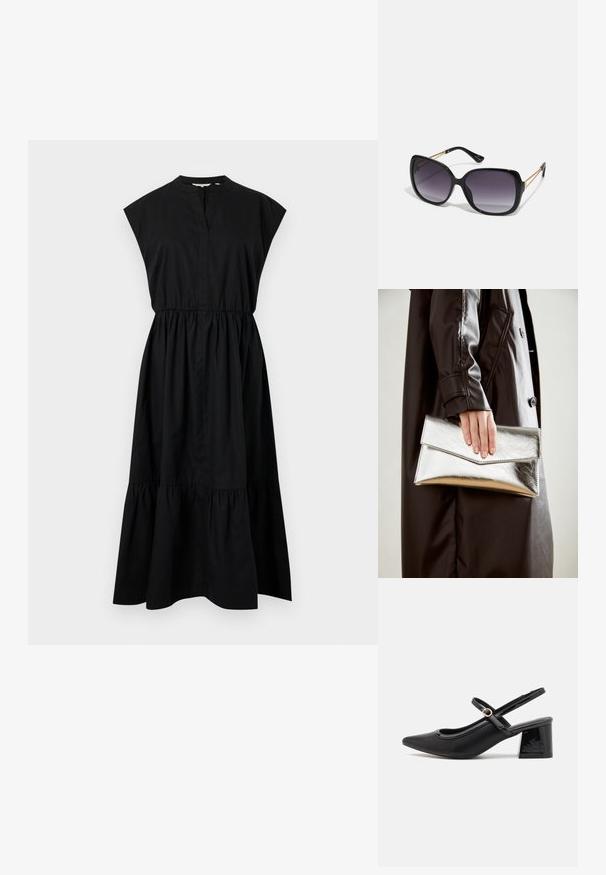Czarna bawełniana sukienka z krótkimi rękawami, dekoltem w serek oraz marszczoną talią, zakończona falbanistym dołem. Gładka faktura, bez wzorów.; Czarne lakierowane czółenka na słupku ze spiczastym noskiem, lekko zaokrąglonym wycięciem i obcasem w kształcie bloku. Posiadają złotą klamrę jako akcent dekoracyjny.; Czarne oversize okulary przeciwsłoneczne z gradientowymi soczewkami, grubymi oprawkami i złotym łańcuszkiem na ramionach.; Srebrna metaliczna kopertówka o kształcie kątowym, gładka w dotyku, z kontrastowym kolorem wewnątrz, trzymana w ręce noszącej czarny płaszcz.