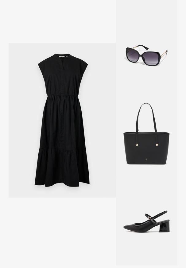 Mustmust dress, mille varrukatega, V-kaelusega ja kogutud vöökoht, lõpetades kihilise hemiga. Sile tekstuur, ilma mustriteta.; Mustad läikivad nahast slingback-kõrged kontsad, millel on terav nina, ümar lõikekujundus ja blokknina. Omab kuldset nupu aktsenti.; Mustad ümarad päikeseglaasid, millel on gradient objektiivid, paksud raamid ja kuldse tooni kettaga kaunistused tempelitel.; Must musträkk, mis on valmistatud sünteetilisest materjalist, lihtsa ristkülikukujulise disainiga, kuldsete ruudukujuliste rõhutustega ja kahe käepidemega.