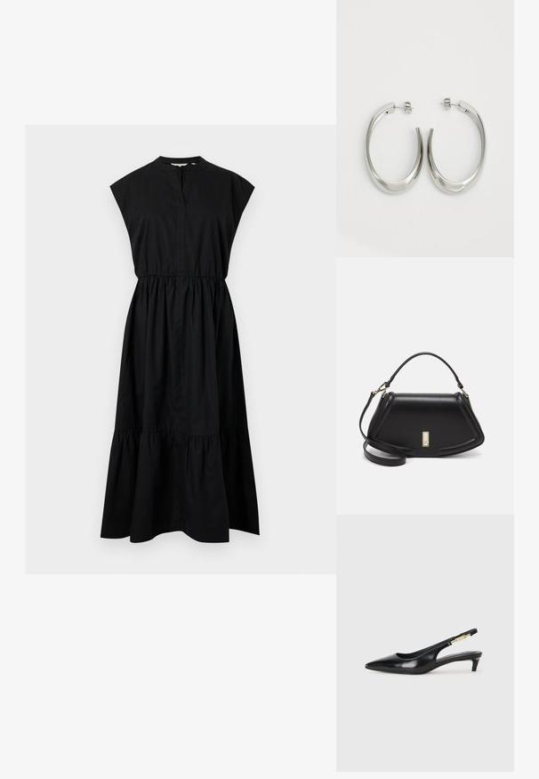 Robe en coton noir avec des manches courtes, un décolleté en V et une taille froncée, se terminant par un ourlet en étages. Texture lisse, sans motifs.; Talons hauts en cuir noir avec un bout pointu, dotés d'un talon fin et d'un accent en ton or sur la lanière réglable. Texture lisse.; Sac à main en cuir noir avec un design structuré, featuring une forme cropped, une poignée supérieure et des accents en matériel doré. Bandoulière réglable incluse.; Boucles d'oreilles en argent avec un design lisse et courbé. Présentent une finition métallique brillante et une fermeture à clou. Pas de motifs ou d'accents visibles.