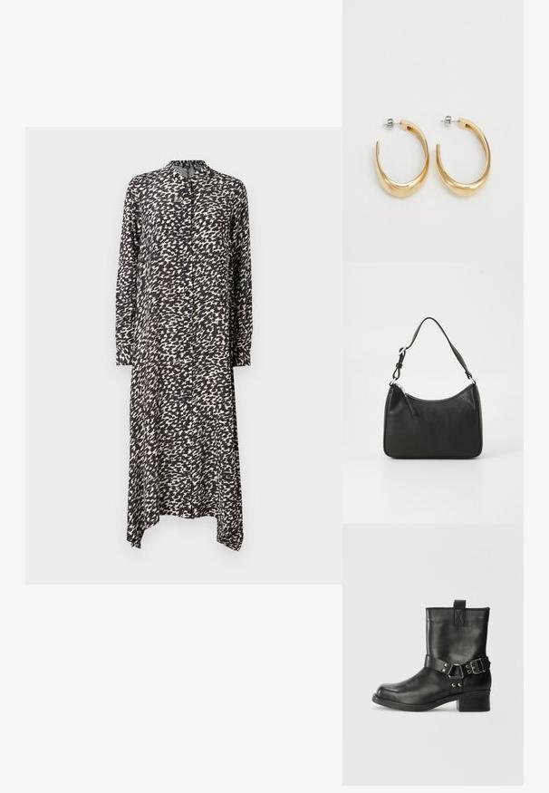 Dlhé košeľové šaty v čierno-bielom abstraktnom vzore, ľahký materiál, s golierom a asymetrickým spodkom, s dlhými rukávmi.; Samsøe Samsøe SABRENTA - Kovbojská/motorkárska členková čižma - black; Čierna kožená kabelka s oblým tvarom, jediným popruhom, zipsom a nenápadným logom na prednej strane. Hladká textúra, minimalistický dizajn.; Zlaté kruhové náušnice s hladkým, zakriveným dizajnom. Vyrobené z kovu, s elegantným povrchom a uzáverom na zadnej strane.