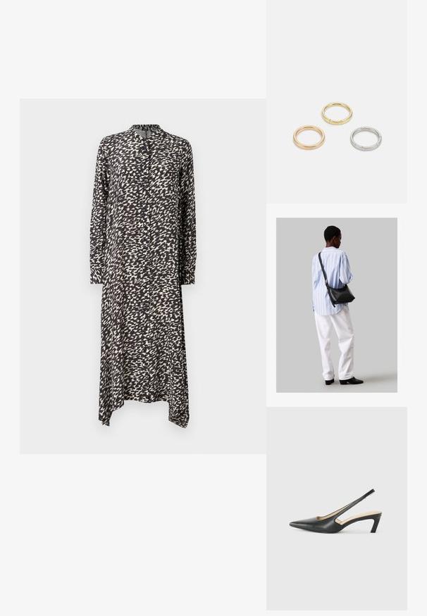 Pikk nööpidega kleit musta ja valge abstractse mustriga, kerge kangaga, kraega ja asümmeetrilise äärega, pikkade varrukatega.; Must mustaga, terav varvas, madala kontsaga sildiga king, mis on valmistatud siledast nahast ja mille küljel on lõike disain hingavuse tagamiseks.; Must have mustras alasi nahkpatsi, pehme tekstuuriga, kolmnurkse kujuga ja reguleeritava rihmaga, koos helesinise triibulise särgi ja valgete pükstega.; Kolme metallist rõngast: üks roosa kuld, üks kuld tekstuursete aktsentidega ja üks hõbe, kõik sisepoolt graveeritud brändinguga.