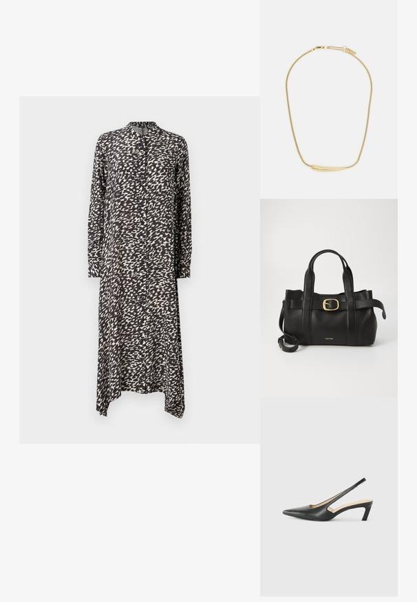 Rochie lungă cu nasturi, în model abstract alb și negru, dintr-un material ușor, cu guler și tiv asimetric, având mâneci lungi.; Pantof cu toc mic, cu vârf ascuțit și slingback, realizat din piele netedă, având un design decupat pe lateral pentru respirabilitate.; Geantă de mână din piele neagră, cu un design structurat, mânere superioare duale, accent cu cataramă aurie și logo-ul brandului embosat în față.; Colier placat cu aur, cu un accent central neted și curbat. Dispune de o chaină flexibilă cu un închizător tip homar și link-uri suplimentare ajustabile.