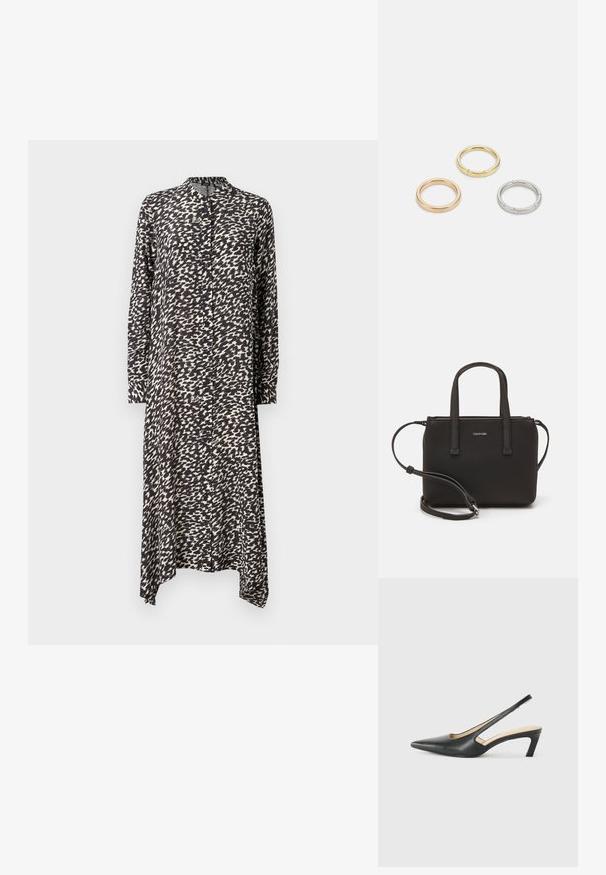Długa sukienka zapinana na guziki w czarno-białym abstrakcyjnym wzorze, wykonana z lekkiego materiału, z kołnierzykiem i asymetrycznym dołem oraz długimi rękawami.; Czarny but na obcasie typu slingback z ostro zakończonym noskiem, z niskim obcasem, wykonany z gładkiej skóry, z wycięciem po boku dla lepszej wentylacji.; Czarna torebka z dwoma krótkimi uchwytami i odpinanym paskiem na ramię. Gładki materiał przypominający skórę, z zamkiem błyskawicznym i detalem z logo.; Trzy metalowe pierścienie: jeden w różowym złocie, jeden złoty z teksturowanymi akcentami, oraz jeden srebrny, wszystkie z wygrawerowanym brandingiem na wewnętrznej stronie.