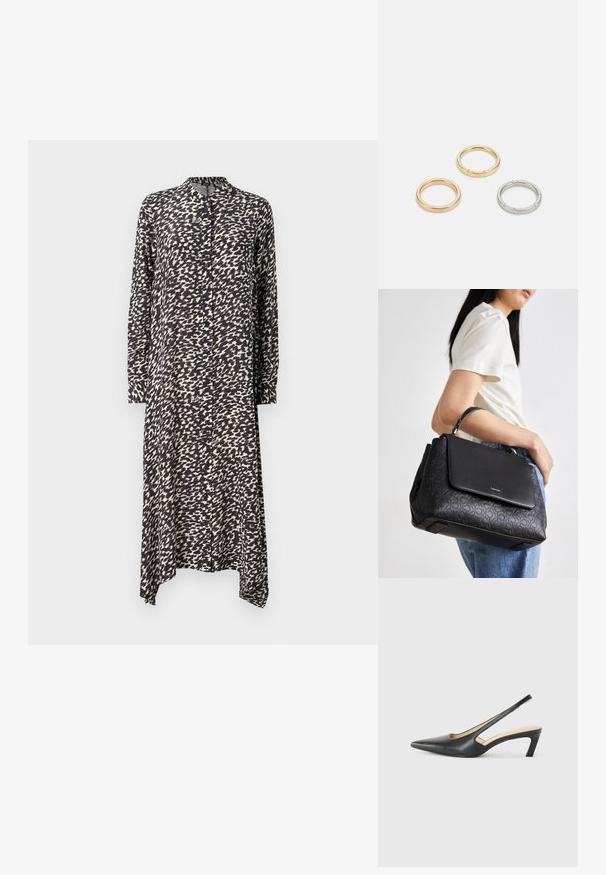 Langes Hemdkleid in schwarz-weißer abstrakter Musterung, aus leichtem Stoff, mit kragen und asymmetrischem Saum sowie langen Ärmeln.; Schwarzer spitz zulaufender Slingback-Schuh mit niedrigem Absatz, der aus glattem Leder gefertigt ist und seitliche Ausschnitte für Atmungsaktivität aufweist.; Calvin Klein MUST TOP HANDLE MONO - Handtasche - black; Drei Metallringe: einer in Roségold, einer aus Gold mit strukturierten Akzenten und einer aus Silber, alle mit graviertem Branding auf dem inneren Band.