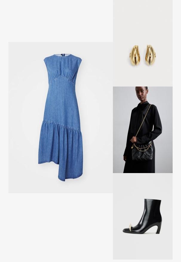 Denimové šaty s upnutým korzetem, kulatým výstřihem, krátkými rukávy a vrstvenou sukňou. Tkanina je středně modrá s jemnou texturou.; Černé kotníkové boty vyrobené z lesklé kůže, s špičatou špičkou a dekorativním zlatým a stříbrným akcentem na přední straně. Design s blokovým podpatkem.; Černá prošívaná kožená kabelka s staženým vrchem, zlatým řetízkovým popruhem a obdélníkovým tvarem, držena před jednoduše pozadím.; Náušnice ve zlatém tónu s plynulým, zakřiveným designem. Každá náušnice má hladký povrch a malý uzávěr s ozdobným detailem.