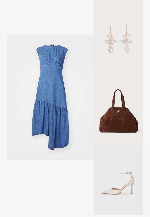 Denimkleid mit tailliertem Oberteil, rundem Ausschnitt, kurzen Ärmeln und gestuftem Rock. Der Stoff ist in einem mittleren Blau mit subtiler Textur.; Weiße Leder-Pumps mit spitz zulaufender Zehe, Knöchelriemen und schlanker Stiletto-Absatz. Glatte Oberfläche mit dezent glänzendem Finish.; Braune Wildleder-Handtasche mit strukturiertem Design, abgerundeter Form und länglichen, diamantförmigen Griffen. Mit einem silbernen Metallverschluss ausgestattet.; Rosa Edelsteinohrstecker mit Schleifen-Design, das eine geschichtete Struktur und funkelnde Akzente aufweist; das Metall-Hardware behält ein poliertes Finish.