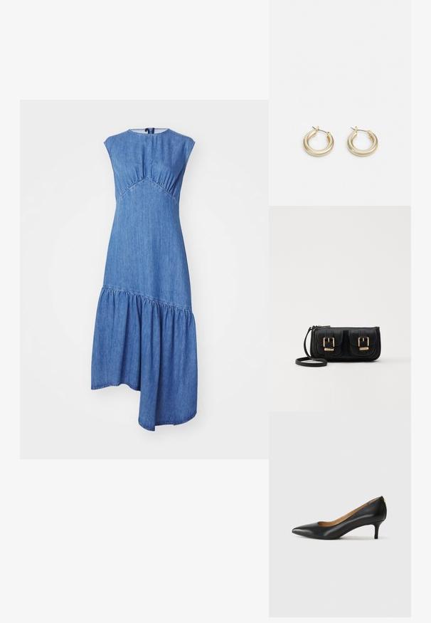 Denimové šaty s priliehavým telom, okrúhlym výstrihom, krátkymi rukávmi a volánovou sukňou. Tkanina je stredne modrá s jemnou textúrou.; Čierny kožený podpatek s špicatou špičkou, nízkym opätkom a hladkým povrchom. Obsahuje mierne otvorenie vpredu a minimálne kovové detaily na zadnej strane.; Čierna kožená crossbody taška s dvoma prednými vreckami, zlatými sponami, zipsovým uzatváraním a úzkym popruhom. Štruktúrovaný povrch a kompaktný obdĺžnikový tvar.; Lauren Ralph Lauren BASIC SMALL HOOP - Náušnice - gold-coloured