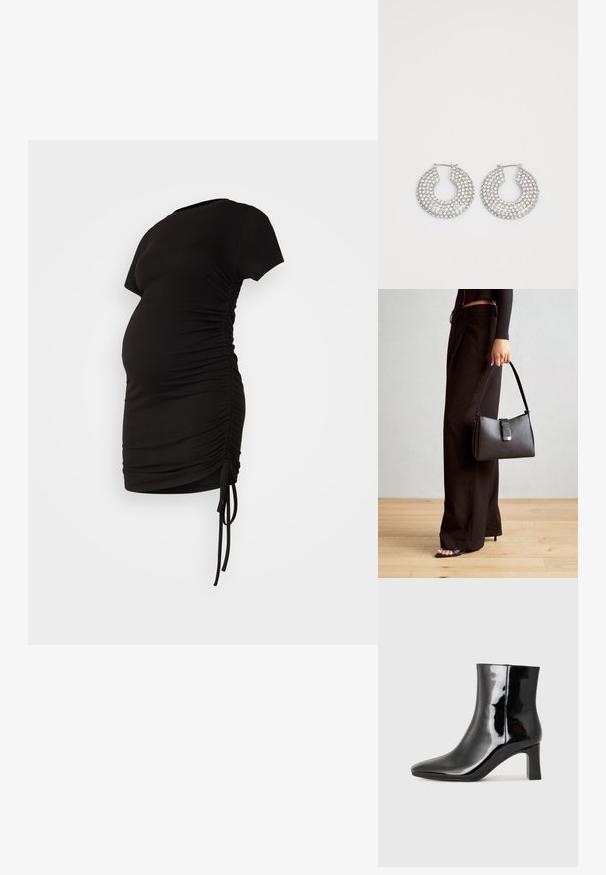 Fekete kismama ruha rövid ujjal, oldalsó ráncolással és állítható megkötő díszítéssel; puha, rugalmas anyagból készült.; Fekete lakk bőrcipő bokáig érő, hegyes orral és közepes magasságú tömbsarokkal. Simább textúrával és minimalista dizájnnal rendelkezik.; Fekete kézi táska strukturált formával, sima textúrával és fémből készült záródással. Széles fekete nadrággal és nyitott orrú szandállal párosítva, fából készült padlón.; Ezüst karika fülbevalók, amelyeket több átlátszó kristály díszít, texturált felülettel és nyitott, kör alakú kialakítással.