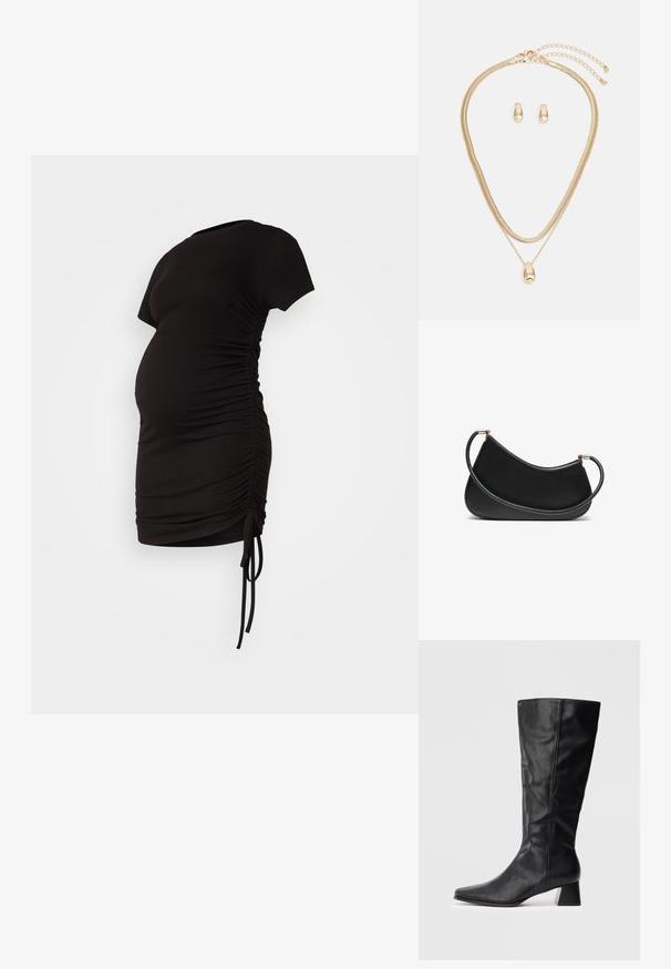 Melnā grūtniecības kleita ar īsām piedurknēm, sānu ručinga detaļām un regulējamiem saitēm; izgatavota no mīksta, elastīga auduma.; Melnas mid-calf ādas zābakus ar norādītu degunu un blokveida papēdi uz vienkārša gaiša fona.; Melnas ādas plecu soma ar izliekumu, aprīkota ar teksturētu siksnu un zelta tonētiem aksesuāriem augšējā aizdara daļā. Gluda apdare.; Zelta rotaslietu komplekts ar daudzslāņu kaklarotu, kas rotāta ar asaras formas kulonu, un atbilstošām piekariņām, viss pulēts apdarē.