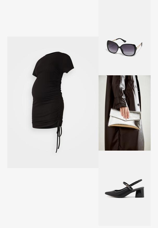 Černé těhotenské šaty s krátkými rukávy, bočními řasenými detaily a nastavitelnými zavazovacími akcenty; vyrobené z měkké, pružné látky.; Černé lakované lodičky s otevřenou patou, špičatou špičkou, zaobleným střihem a blokovým podpatkem. Zdobené akcentem v zlatém tónu.; Černé oversized sluneční brýle se gradientními skly, silnými rámy a zlatými řetízkovými detaily na nožičkách.; Stříbrná metalická kabelka ve tvaru klínového obálkového designu, hladké textury a s kontrastní barvou uvnitř, držena v ruce s černým kabátem.