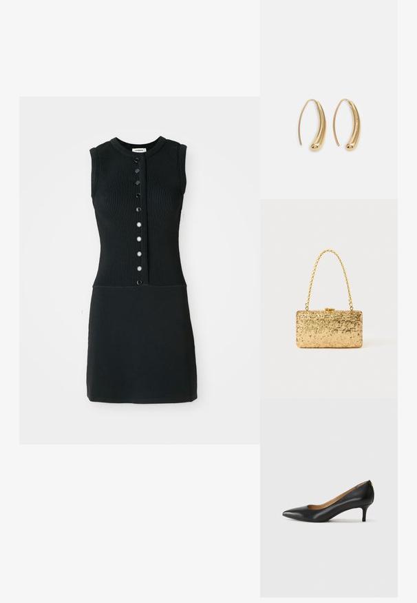 Svart ribbad stickad ärmlös klänning med rund hals, försedd med en framtill knapplist med sex svarta knappar och en åtsittande silhuett.; Svart läderpumps med spetsig tå, låg klack och slät yta. Har en liten öppning framtill och minimal hårdvara bak.; Guldpaljetterad kuvertväska med rektangulär form, utrustad med ett vridet kedjehandtag och ett metallspänne, som reflekterar ljus med en strukturerad yta.; Guldtonade metallörhängen i en kurvad, avlång form. Har en slät, glänsande yta och en rundad spets för en extra detalj.