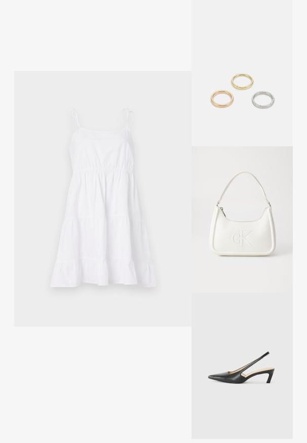 Fehér pamut nyári ruha vékony pántokkal, testhez simuló felsőrésszel és réteges szoknyával. Az anyag sima, könnyű és levegős textúrájú.; Fekete, hegyes orrú, slingback cipő alacsony sarkával, sima bőrből készült, oldalt kivágott deisgnal a légáteresztőképesség érdekében.; Fehér bőrtáska ívelt formájú, elöl feltűnő "CK" logóval, egyetlen vállpánttal. Cipzáras zárás a tetején.; Három fémgyűrű: az egyik rose gold, a másik texturált akcentusokkal ellátott arany, a harmadik pedig ezüst, mindegyiken gravírozott márkajelzés található a belső sávon.