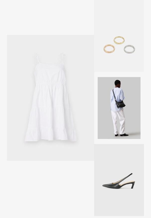Biela bavlnená slnečná šaty s tenkými popruhmi, priliehavým korzetom a volánovou sukňou. Tkanina je hladká s ľahkou, vzdušnou textúrou.; Čierne slingback topánky s ostrou špičkou a nízkym opätkom, vyrobené z hladkej kože a s výrezmi na boku pre lepšiu priedušnosť.; Čierna kožená ramenná taška so mäkkou textúrou, trojuholníkovým tvarom a nastaviteľným popruhom, skombinovaná s svetlomodrou pruhovanou košeľou a bielymi nohavicami.; Triumf kovových prsteňov: jeden v ružovom zlate, jeden zlatý s textúrovanými akcentmi a jeden strieborný, všetky s gravírovaným logom na vnútornej strane.