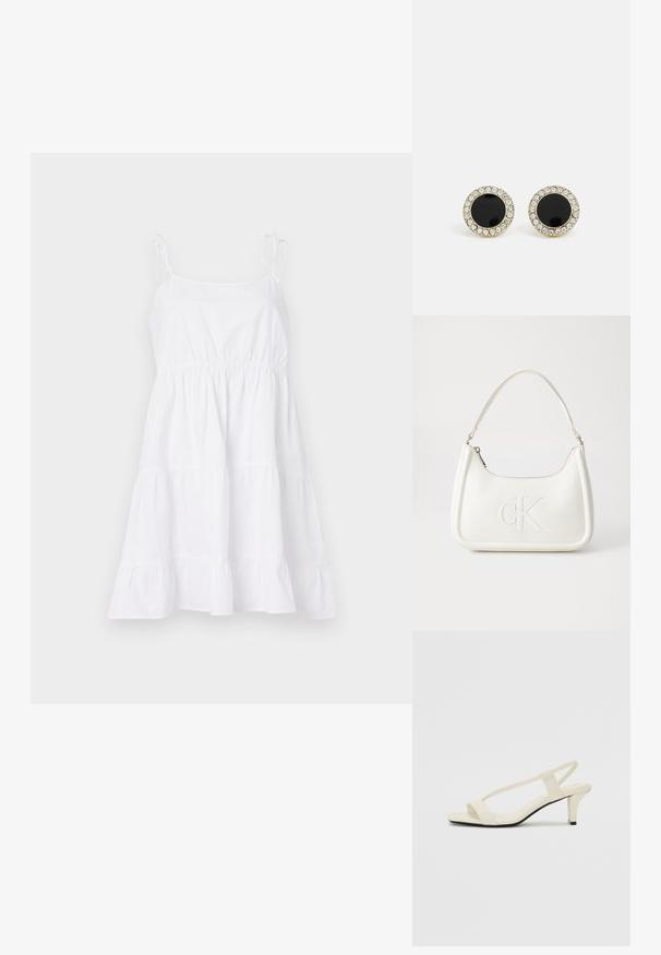 Valge puuvillane suvekleit õhukeste rihmadega, kitsega sobiv ja kihiline seelik. Kangas on sile ja kerge, õhulise tekstuuriga.; Beez blok-kandadesed õhukeste rihmadega ja ruudukujulise varbaga. Sile materjal minimaalsete detailidega, kujundatud mugavaks kandmiseks.; Valge nahast käekott, millel on kumer kuju, esiküljel on reljeefne "CK" logo ja üks õlavarre rihm. Ülemine tõmblukkuu.; DKNY INLAY STUD - Kõrvarõngad - black/gold-coloured