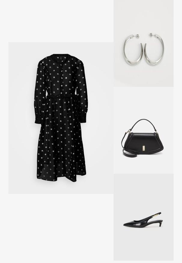 Abito nero a maniche lunghe realizzato in tessuto trasparente, con motivo a pois bianchi, chiusura frontale con bottoni e vita cintrata per una silhouette definita.; Tacchi slingback in pelle nera con punta affusolata, caratterizzati da un tacco alto e un accento dorato sulla cinghia regolabile. Texture liscia.; Borsa a mano in pelle nera con un design strutturato, caratterizzata da una forma corta, manico superiore e accessori in metallo dorato. Inclusa tracolla regolabile.; Orecchini a cerchio argentati con un design liscio e curvo. Presentano una finitura metallica lucida e una chiusura a perno. Nessun motivo o accentuazione visibile.