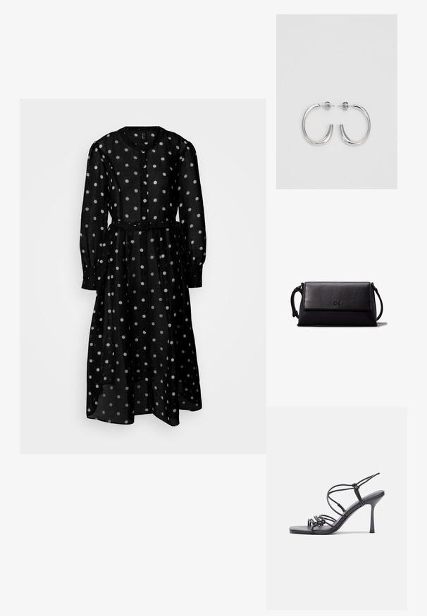 Črna obleka z dolgimi rokavi iz prozorne tkanine, okrašena z belimi pikami, z gumbi spredaj in pasom za poudarjeno silhueto.; Črne visoke sandale na peto imajo tanke naramnice z vozlom, gladek kvadratni toe in eleganten stiletto peto.; Črna usnjena torbica v obliki pravokotnika, gladke teksture, s ploskim pokrovom in majhnim ročajem na strani. Ima diskreten logotip.; Srebrne obročaste uhane z gladko, sijočo površino. Zaobljena oblika, lahka zasnova, z zapiranjem na zatič.