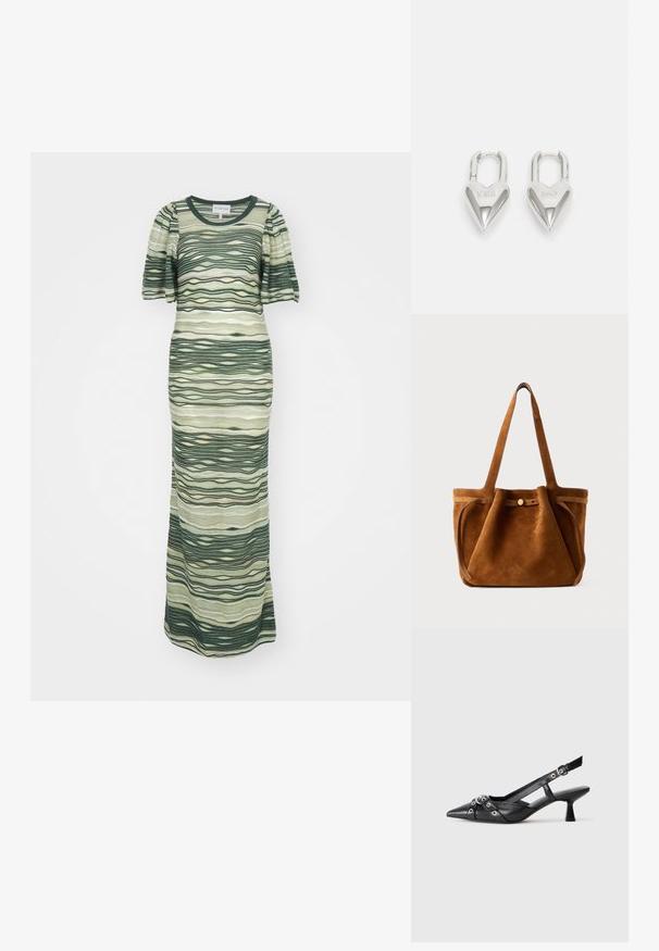 Maxi ruha zöld és bézs hullámmintákkal, rövid puffos ujjakkal és kerek nyakkivágással. Puha, texturált anyagból készült.; Fekete bőr slingback cipő hegyes orral, dekoratív pántokkal, fém szemekkel és alacsony blokk sarkú. Texturált felület.; Barna velúr tote táska, dupla fogantyúval, gombos záródással és laza, enyhén ülepedett formával.; Ezüst szív alakú lakatok, amelyeken vésett "IGEN" és "NEM" feliratok találhatók, polírozott felület, szimmetrikus kialakítás és robusztus fémcsat.