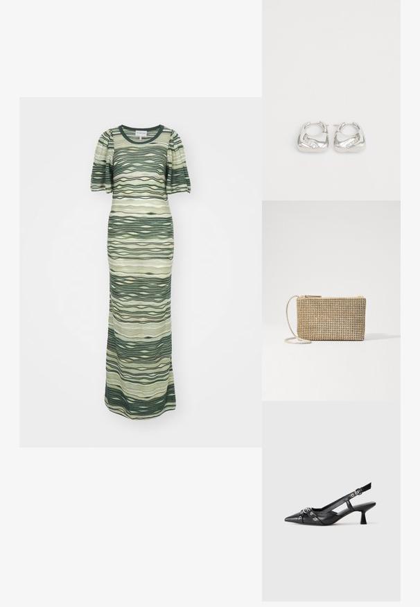 Maxi-mekko, jossa on vihreä ja beige aalto-kuvio, lyhyet puffi-hihat ja pyöreä pääntie. Valmistettu pehmeästä, teksturoidusta kankaasta.; Mustat nahkakengät, joissa on avonainen takaosa ja kärjessä terävä muoto, koristevyöt, joissa on metalliset reiät, sekä matala lohkoepohja. Teksturoitu pinta.; Loeffler Randall YASMINE FLAT CLUTCH - Olkalaukku - gold; Hope hopea, joissa on sileä, pyöristetty muotoilu ja aallokkomainen yksityiskohta, jossa on pieniä, kirkkaita strasseja yhden reunan varrella.